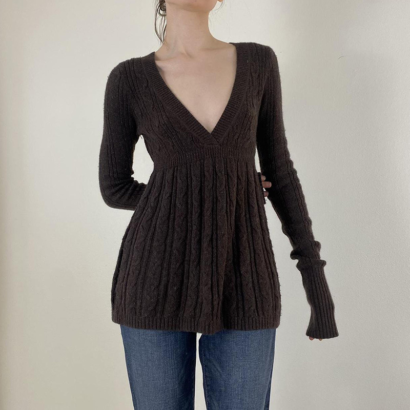 American Style Spice Girl Retro V-Neck Twist Design Sense Tight Waist Slim A Swing Sweater Women's Autumn and Winter Knitted Long Sleeve Top American Style Spice Girl Retro V-Neck Twist Design Sense Tight Waist Slim A Swing Sweater Women's Autumn and Winter Knitted Long Sleeve Top