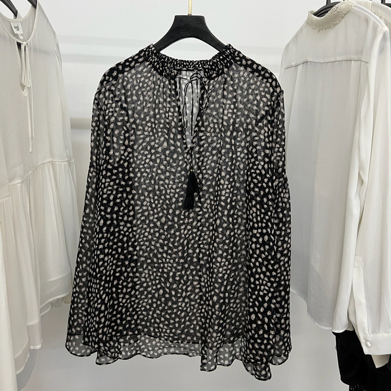 Last Order Fashion Niche Design Mushroom Print Elastic Tie Round Neck Silk Shirt