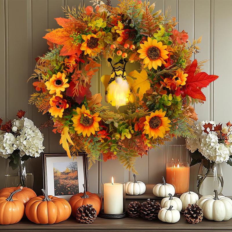 Creative Sunflower Glow Bee Doll Wreath Door Hanging Cross-border Autumn Bee Festival Maple Leaf Rattan Circle Scene Layout