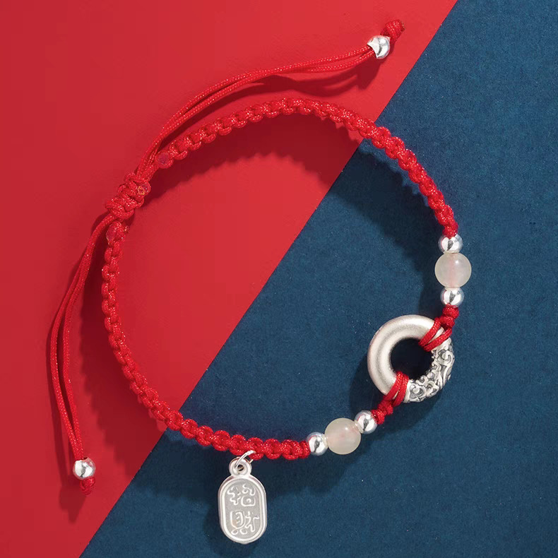 Pure Silver 999 Fortune-Attracting and Peace-Promoting Safety Buckle Bracelet with Red String for Couples, Woven Rope Bracelet, Chinese Style for Men and Women