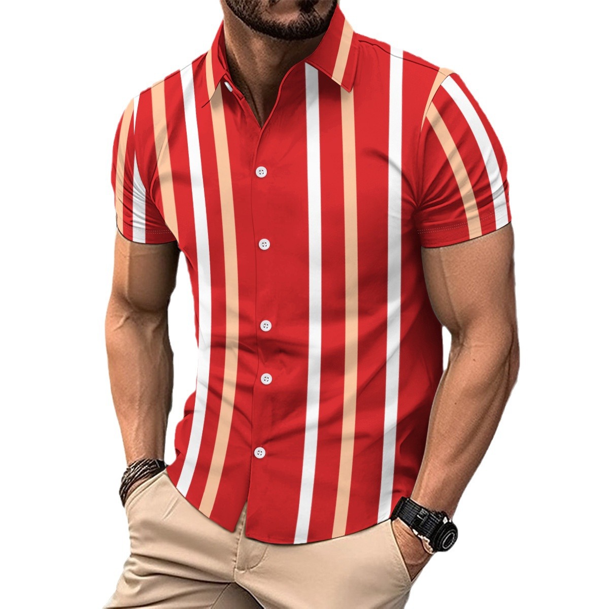 Monochrome Man- European And American Striped Print Casual Men's Short-Sleeve Shirt_voghion.com