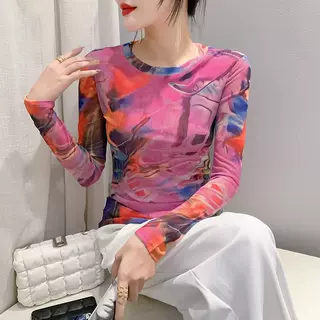 欧货欧货2023秋冬时尚纱网印花定位花长袖圆领修身显瘦洋气上衣潮