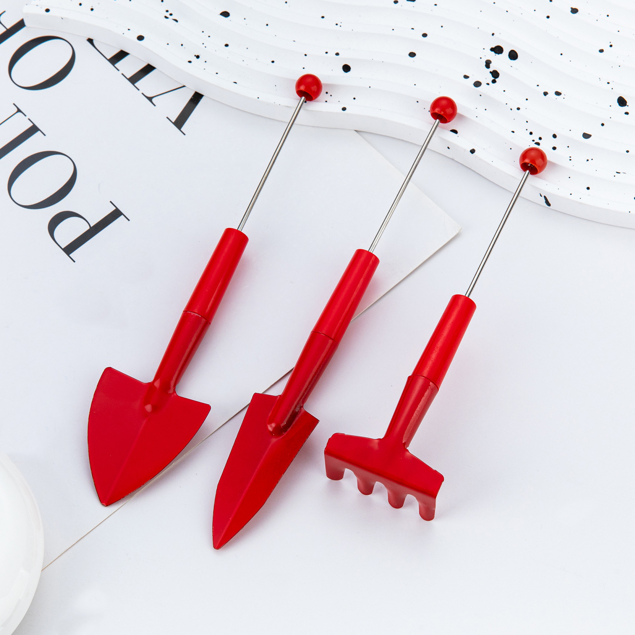 DIY cuentas herramientas de jardinería set de tres piezas rastrillo flor plantación de flores carnosas pequeñas herramientas de pala pequeña pala maceta