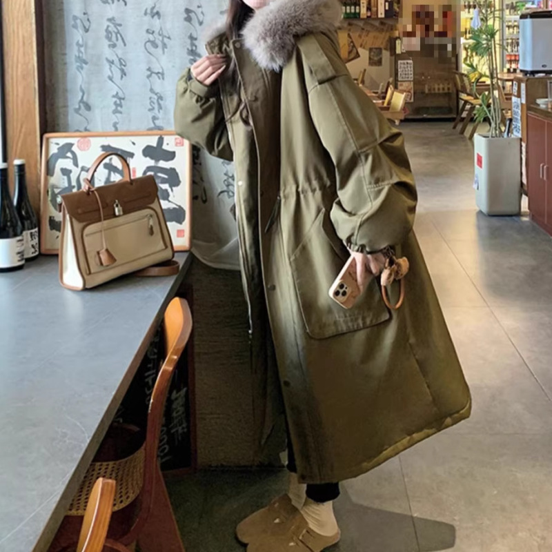 2026 Winter New Korean Style Mid-Length Thickened Warm Windbreaker Coat with Large Fur Collar Workwear Parka down Jacket for Women