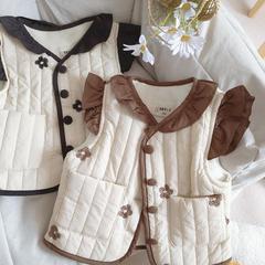 Children's Autumn/Winter Embroidered Flower Cotton Vests Stylish Fleece Thick Backless Blouse with Lace and Flying Sleeves Warm 0039A021