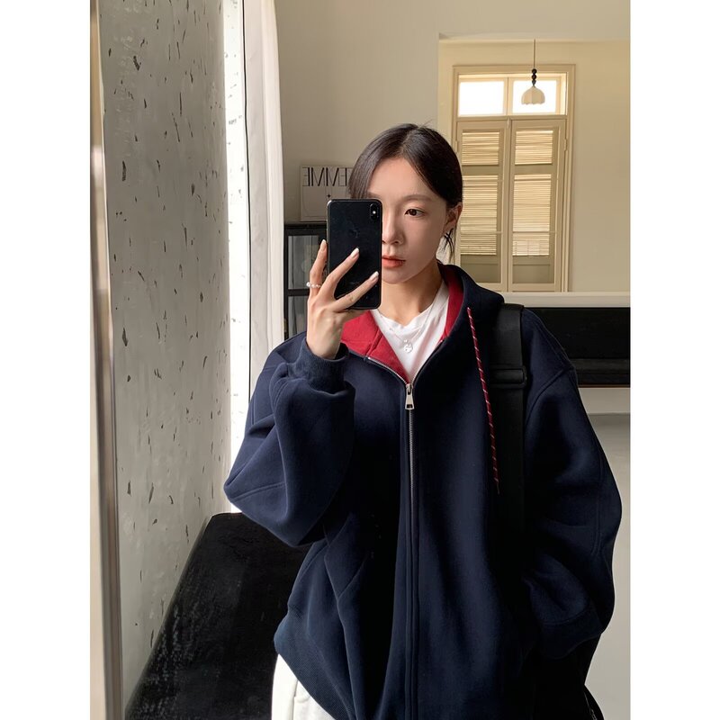 2025 Autumn American Retro College Style Navy Shawl Collar Cardigan Sweater Men's and Women's Loose Zipper Jacket Trendy