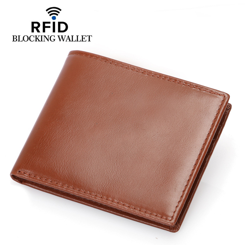 Manufacturer wholesale foreign trade best-selling first-layer cowhide wallet RFID anti-theft swipe multi-card slot two-fold oil wax leather wallet