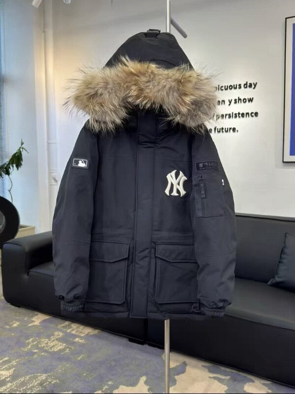 高版本MLB男女百搭连帽羽绒服大毛领 情侣中长款加厚防水工装外套|undefined