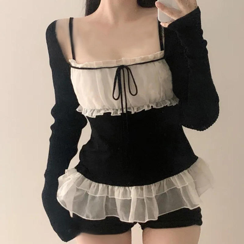 纯欲甜美风少女减龄网纱拼接系带蝴蝶结吊带+气质韩系ins长袖开衫|undefined