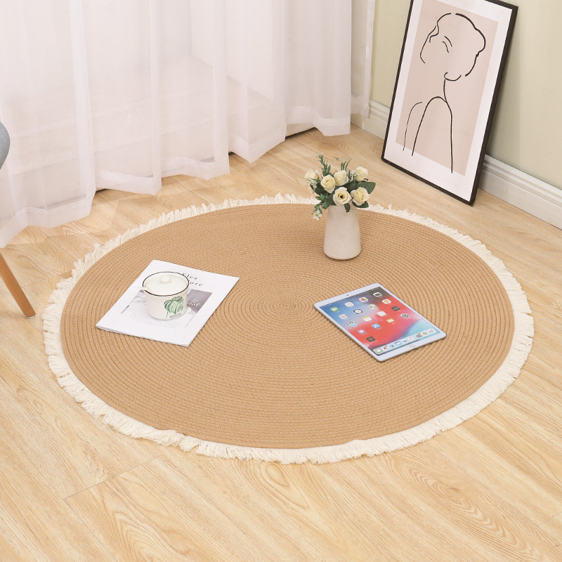 Alfombra de cuerda de algodón nórdico personalizada transfronteriza borla alfombra redonda de yute tejida alfombra de balcón del dormitorio del hogar