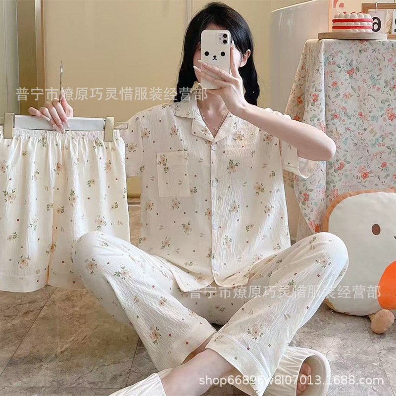 Red famosa nuevo pijama de mujer nubes de verano algodón pantalones cortos de manga corta pantalones largos de tres piezas de dibujos animados set de ropa para el hogar
