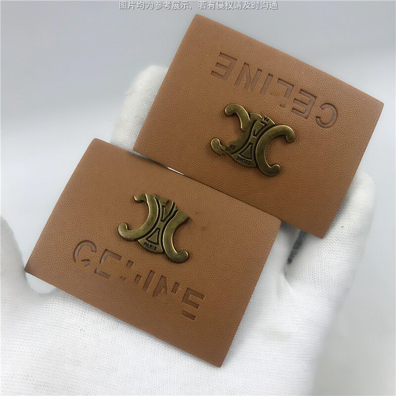 Metal Label Leather Tag with French Elegance, Celine Classic Triomphe Metal Label + Pebbled Leather Tag