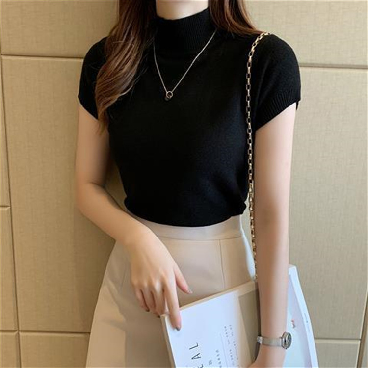 阿里巴巴批发网1688韩版修身纯色短袖细毛线休闲女套头打底针织衫
