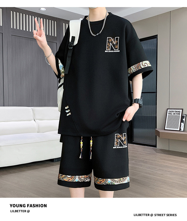 Men's Retro Embroidery Shorts Set - Fashionable Casual Short Sleeve And Shorts Outfit For Teens And Young Adults​_viptrois.com