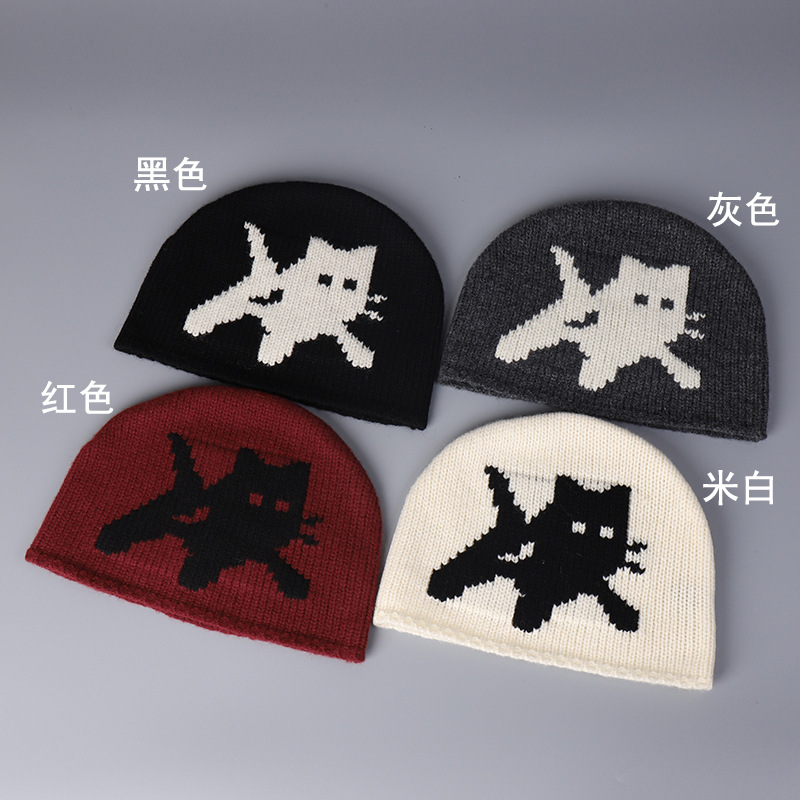 25秋冬高品质羊毛套头帽女韩国卡通小猫男女同款针织毛线包头冷帽|undefined