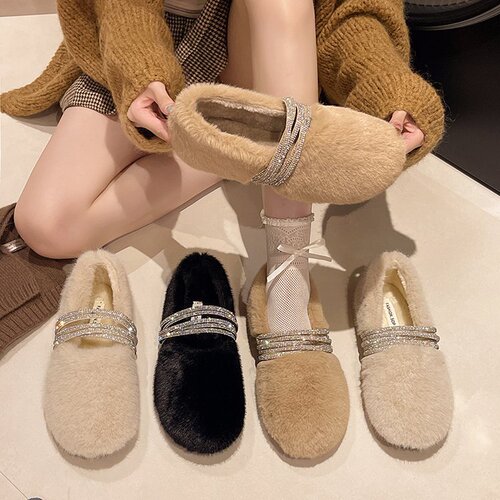 One-Pedal Moccasin Shoes - Autumn/Winter New Water Diamond French Perfume Style Outer Worn Cotton Shoes with High-End Warm Felted Head Slip-On Shoes