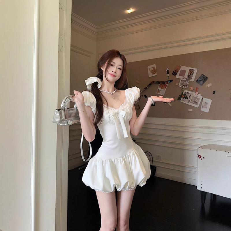 Sweet Style White Lace-Up Puff Sleeve Dress for Women, Summer Elegant Slimming Floral Skirt, Short A-Line Skirt, Trendy