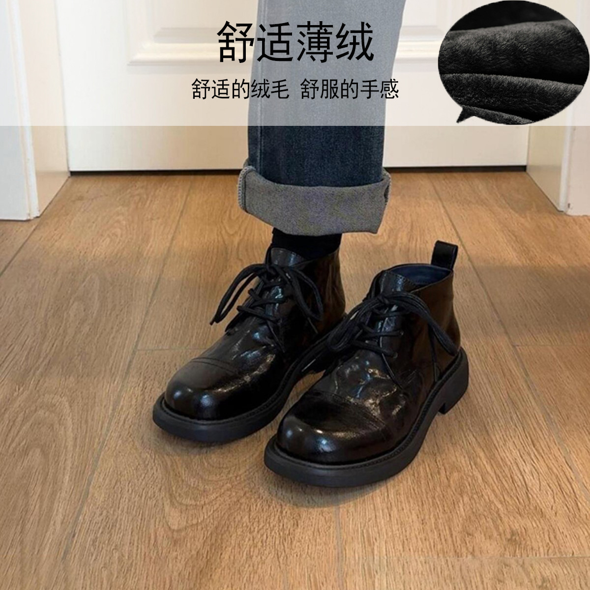 Cowhide Version ~ Retro Thick Heel Short Boots Washed Soft Leather Lace-Up Boots Round Toe British Style Ankle Boots