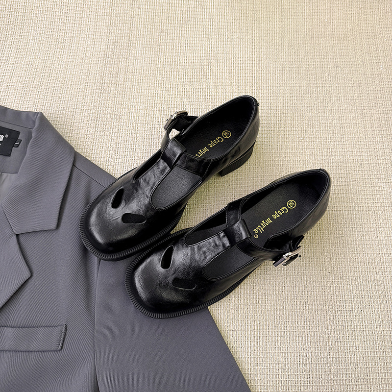 2025miu hogar hueco zapatos de cuero para mujeres 2024 nuevo estilo retro de estilo universitario zapatos de tacón grueso de Mary rara