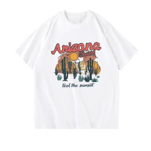 Factory Wholesale Port Style Floral Crew Neck Short-Sleeve T-Shirt for Men and Women, Unisex Trendy Matchy-Fit Casual White T-Pair