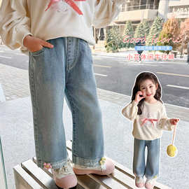 女童秋季裤子潮范2026新款洋气儿童脚口小花牛仔阔腿裤中小童春装