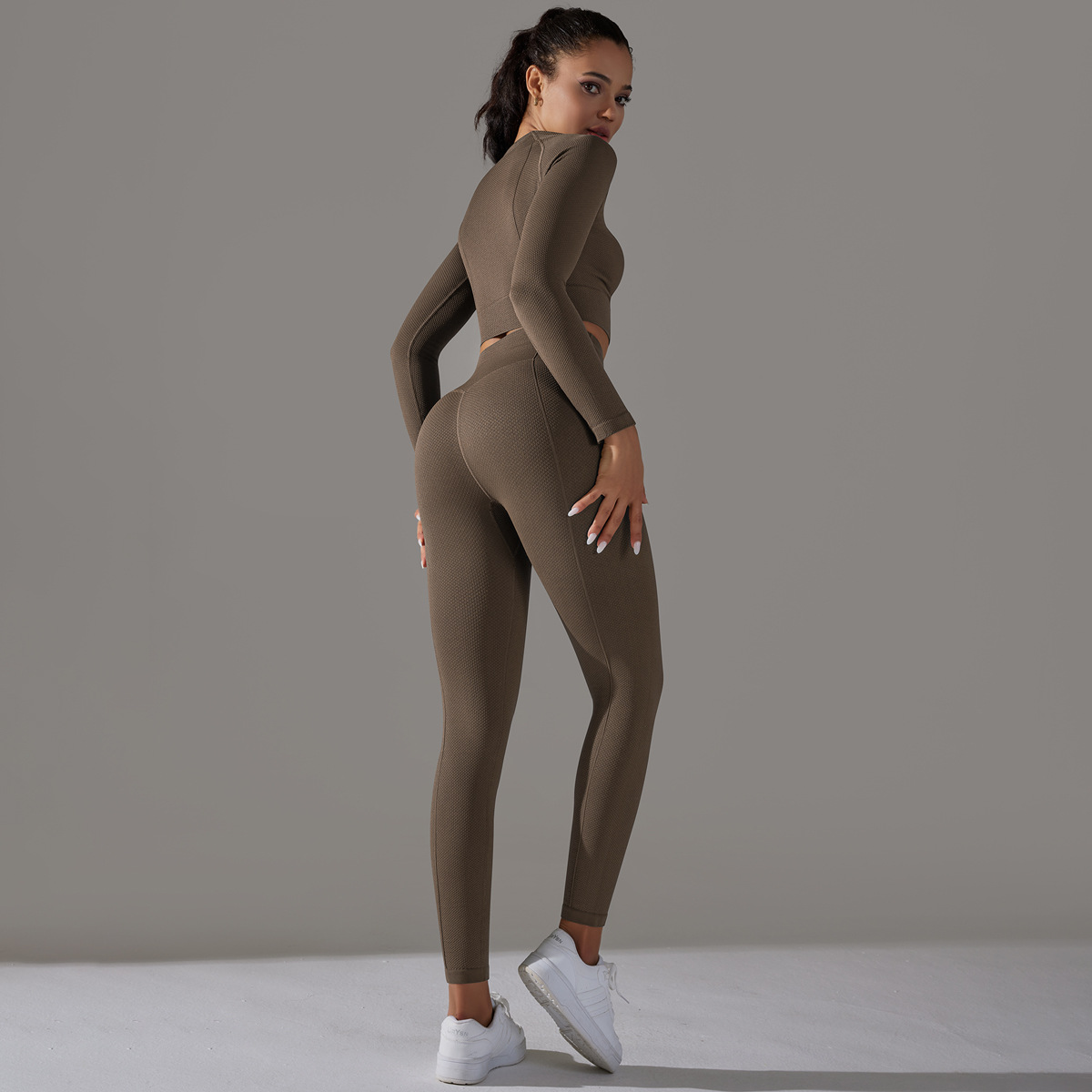 Women's Jacquard Yoga Dress Long Sleeve Suit High Waist Hip Tights Fitness Sportswear_voghion.com