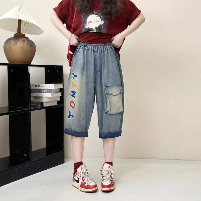 Denim Cropped Pants 2025 Summer New Style Literary Retro Washed Versatile Elastic Waist Letter Casual Pants for Women