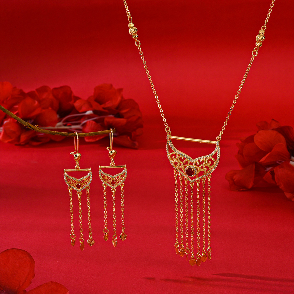 Popularidad transfronteriza aretes de mano exquisita collar conjunto de joyería mujer bronce dorado diamantes pendientes colgantes dos joyerías image 3