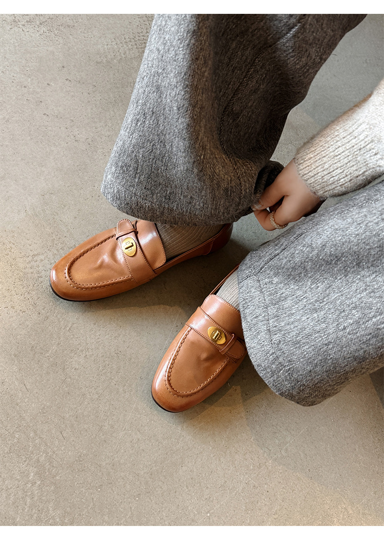 Giày loafer nữ da bò mũi sâu gót vuông thấp phong cách Anh Quốc — màu nâu chi tiết 19