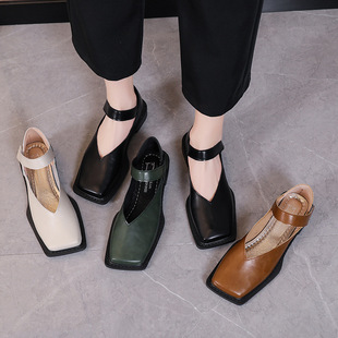 British Style Small Leather Shoes for Women 2025 New French Retro Square Toe Thick Heel Mary Jane Shoes One-Leg Lazy Leather Shoes
