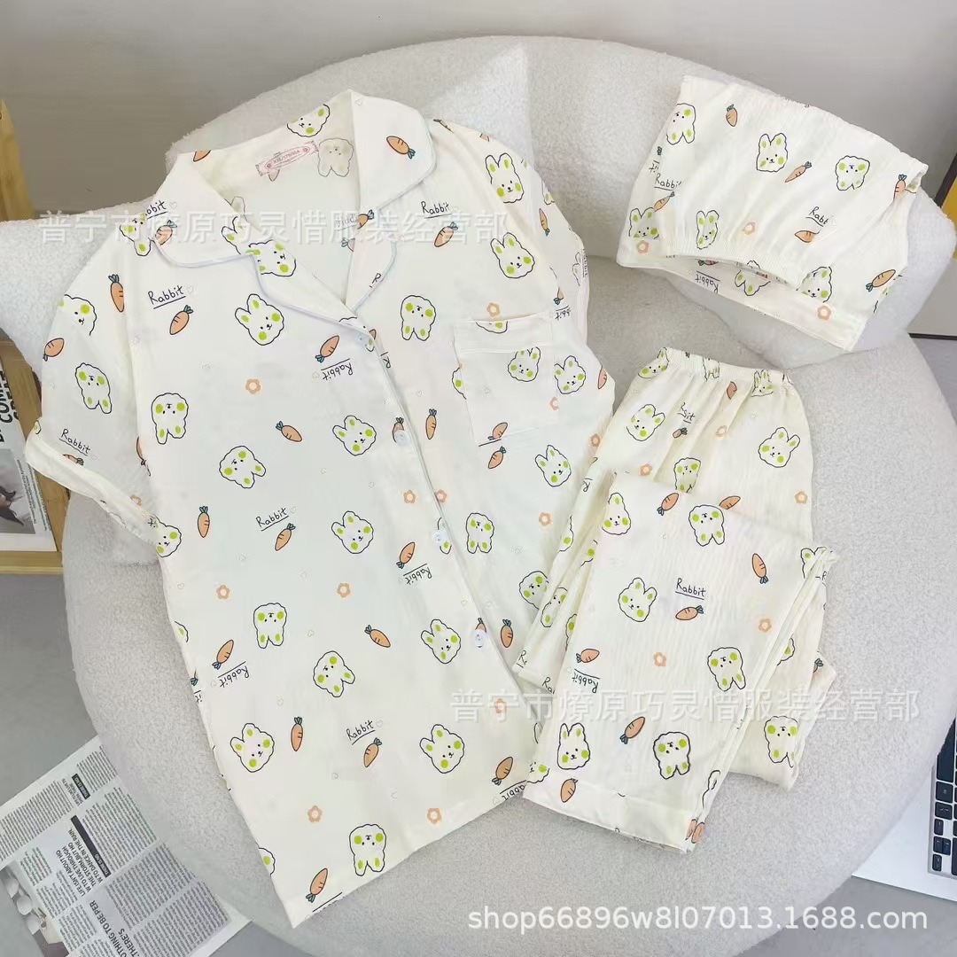 Hermosos pijamas de tela de rabu mujeres primavera y otoño verano nubes de algodón dulce mangas cortas pantalones cortos de tres piezas ropa para el hogar