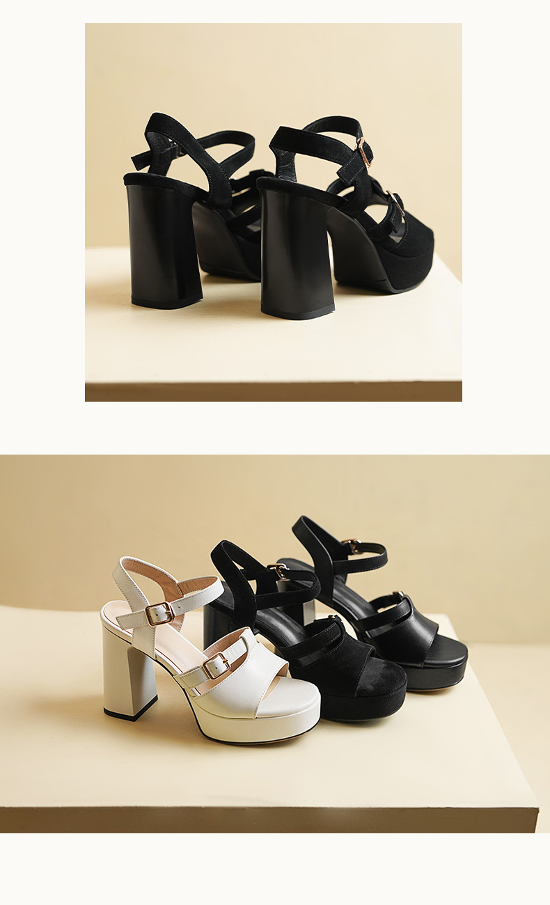 Sandal cao gót nữ hở mũi quai ngang khóa gót 11 cm — Da bò trắng gạo chi tiết 10