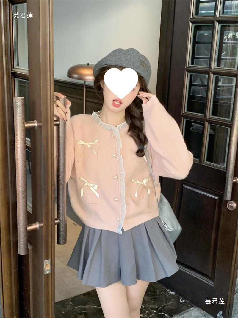 6011  달콤한 핑크 레이스 바느질 스웨터 카디건 여성의 가을 새 활 느슨한 짧은 니트 탑