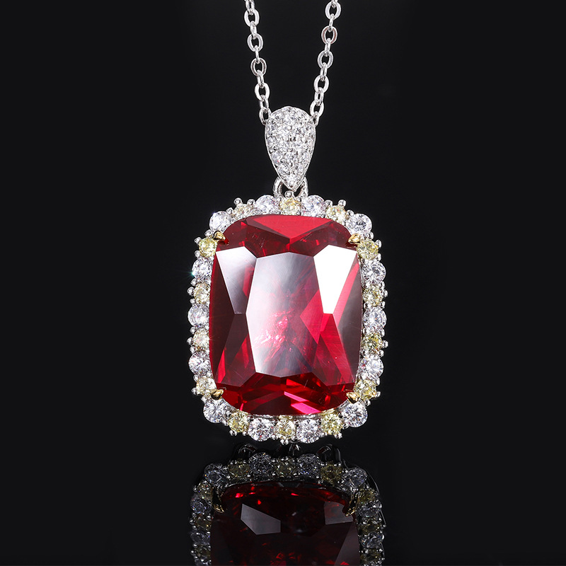 Zhuang Sheng joyería S925 plata simulación tesoro de color rojo Esmeralda corindón grasa temperamento cuadrado luz lujo traje 15*20