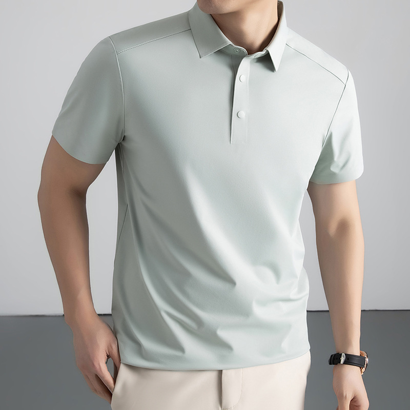 Men's Light Luxury Seamless Ice Silk Polo Shirt, Summer Cool and Versatile Casual Top, Business Commuting Short-Sleeve T-Shirt