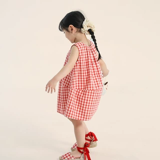畅果服饰女童连衣裙儿童夏装新款中小童韩版裙子女孩格子花苞裙