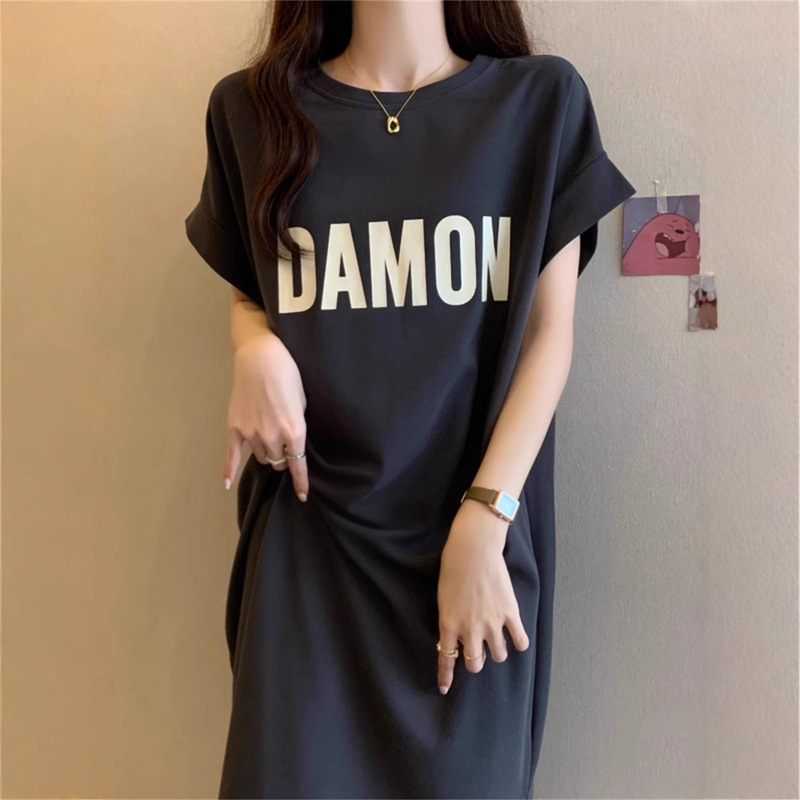 plus size Women's Short-sleeved T-shirt dress Summer chubby girl Loose Slimming Belly Covering Straight Casual Over-the-knee Skirt