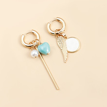 欧美跨境饰品ins时尚复古感陶瓷爱心珍珠翅膀长棒耳扣不对称耳饰