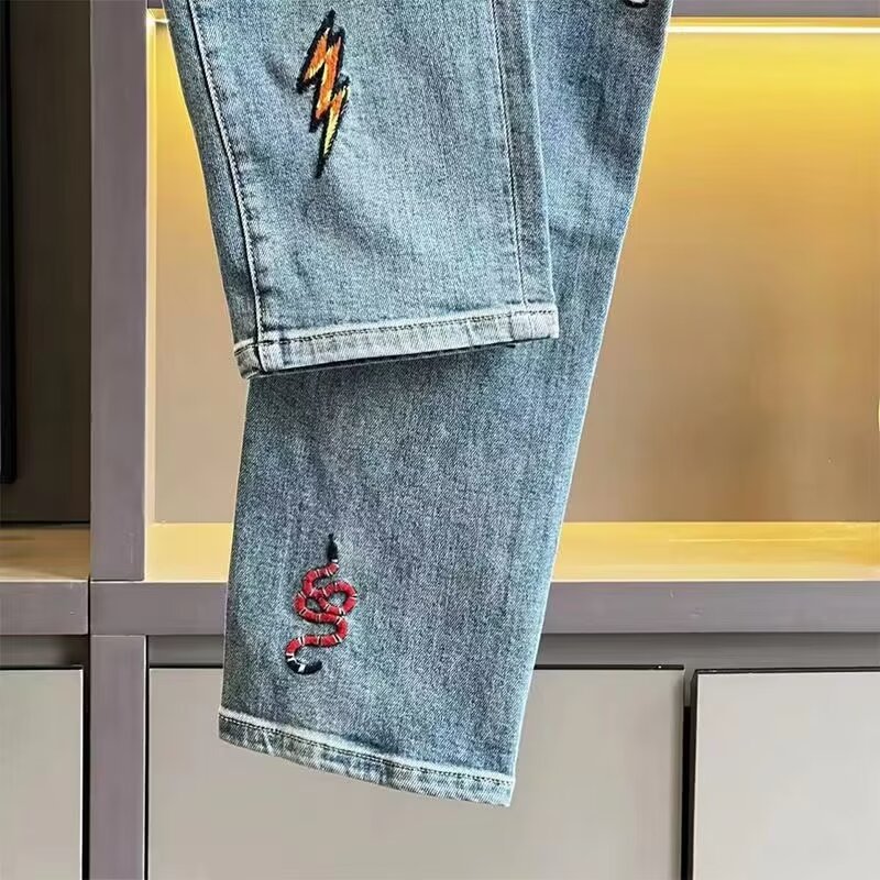 Men's Slim Fit High Stretch Jeans Ripped Embroidery Light Colored Mid Waist Straight Pants Trendy Autumn Trousers_mkmklike.com