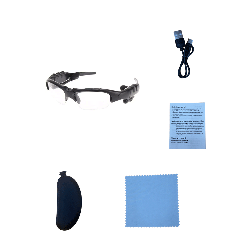 Montura negra con lentes transparentes (incluye funda de cuero, paño para gafas, manual, cordón).