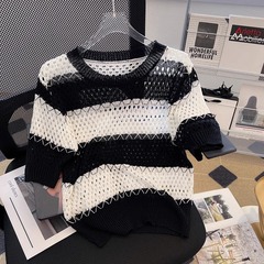 黒と白のストライプの薄いアイスシルクセーター女性の夏のハイエンド中空ラウンドネック半袖Tシャツシックなトップトレンディ