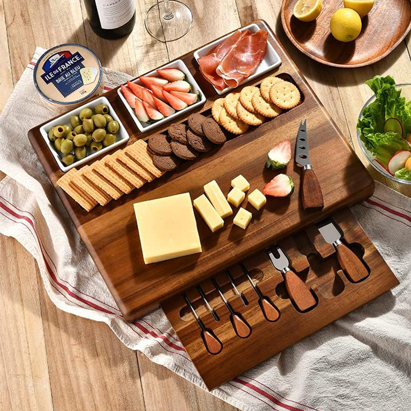 Juego de tablas de cortar de madera maciza Combinación conveniente Tablero de cortar de queso cocido desmontable Bandeja de frutas y verduras para mojar de comida occidental de madera