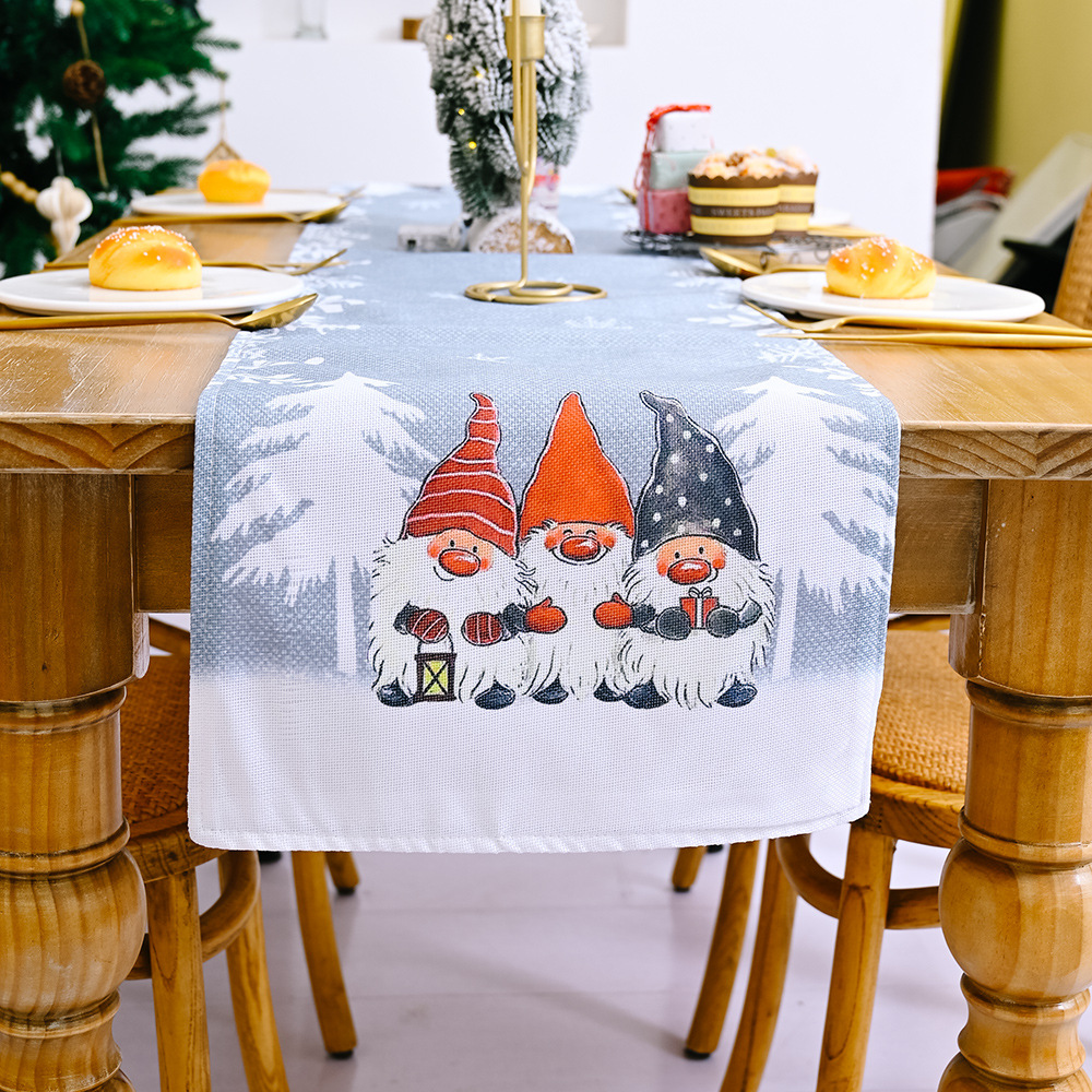 Décorations de Noël pour la maison et le jardin Chemin de table en forme de flocon de neige avec un vieil homme dans la forêt, nappe pour la maison, napperon imprimé_voghion.com