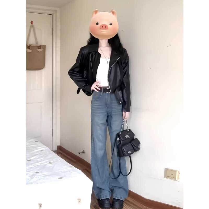 港风复古咖色pu皮衣外套女早秋季2025新款小个子短款机车夹克上衣|undefined