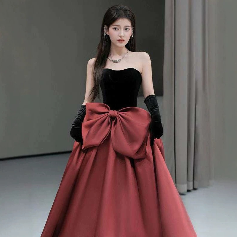 Đầm dạ hội ôm body nữ cổ yếm phong cách Pháp — Đỏ rượu, Hồng