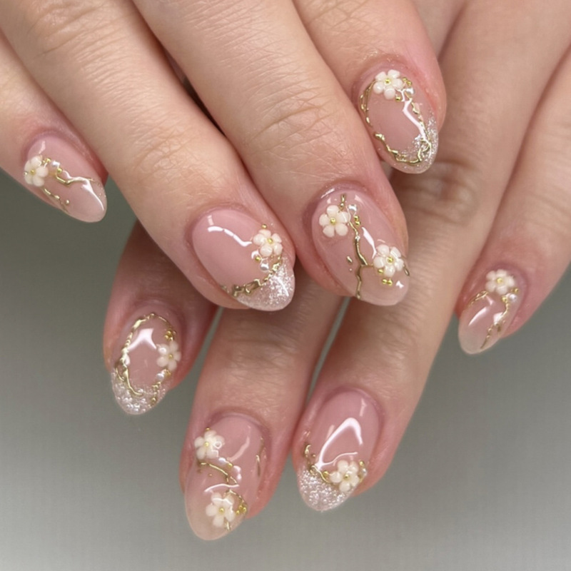 Casual and Fresh Flower Wearable Nails 3D Stereo Manicure Nails Cross-Border Hot Selling Short Round Short Fake Nails Casual and Fresh Flower Wearable Nails 3D Stereo Manicure Nails Cross-Border Hot Selling Short Round Short Fake Nails