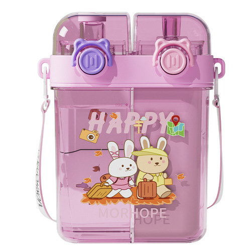 2024 Summer New Children's Water Cup Student Dual Straw Cup Cute Cartoon Water Cup Outdoor Portable Carry Cup