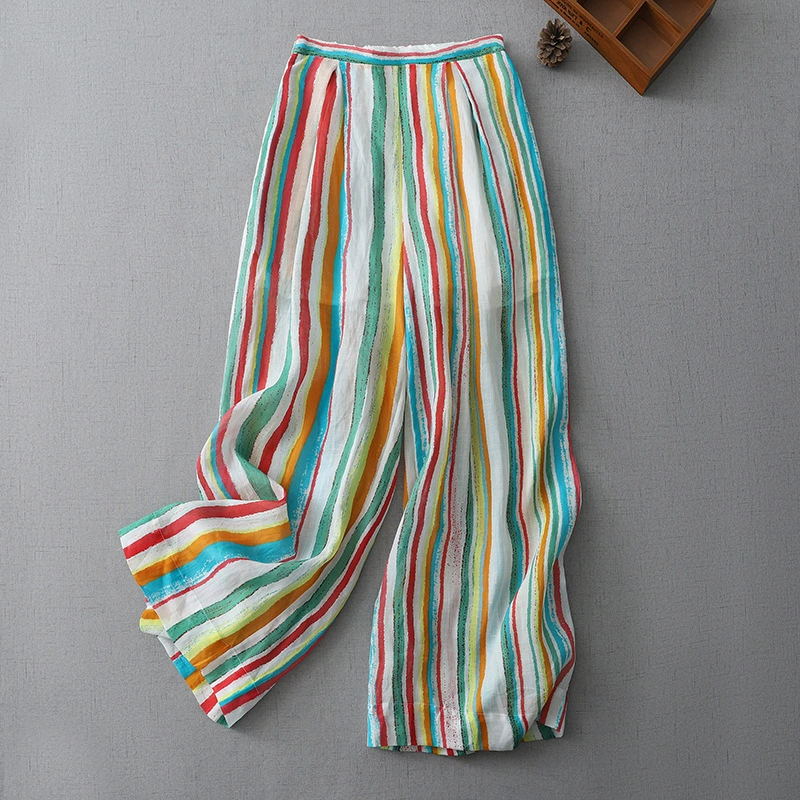 2025 весна и лето Ding красить высокий тонкий тонкий прохладный допамин Радужные полосатые брюки прямые широкие брюки женские