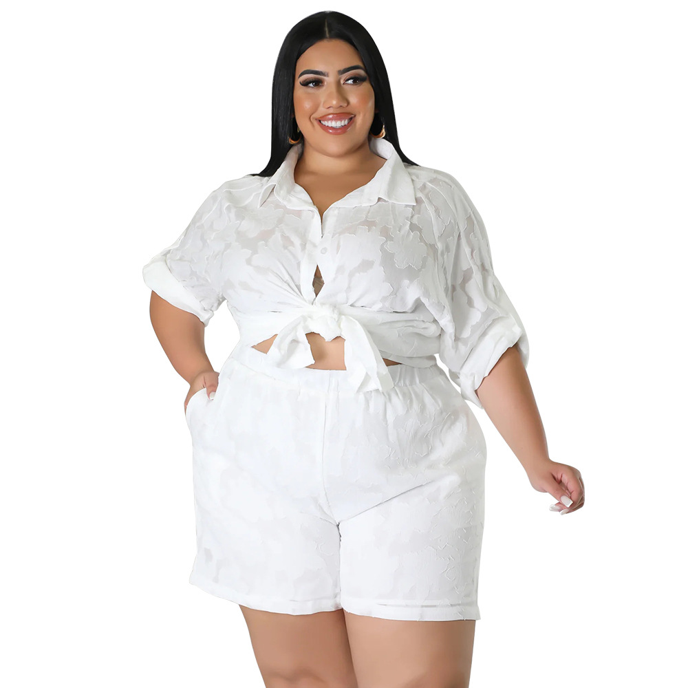 Spring Summer Women's Chiffon Jacquard Clothing Set Hollowed out Top And Shorts_ecoleips.com