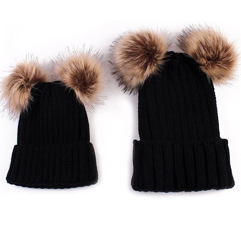 亚马逊宝宝双球亲子毛线帽儿童无檐针织帽男孩女孩加厚保暖幼儿帽